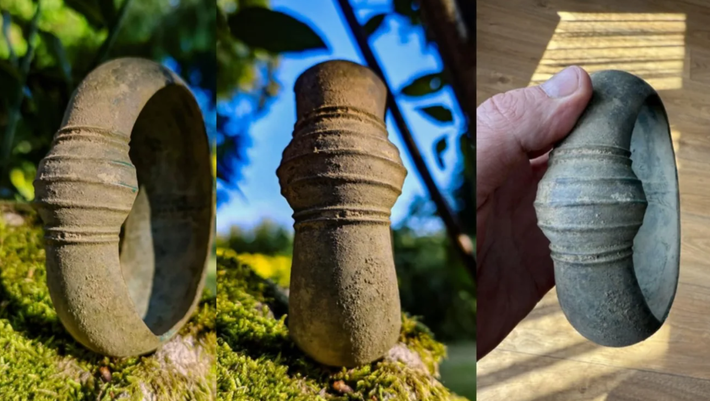 Cezary Modrzejewski, trưởng nhóm nghiên cứu, giải thích rằng chiếc vòng tay, hơi dẹt và có hình tròn, được bảo quản trong tình trạng đáng kinh ngạc, một nhân chứng thầm lặng cho một câu chuyện đang chờ được hé lộ. Ảnh: @Hiệp hội Kociewskie Poszukiwacze.