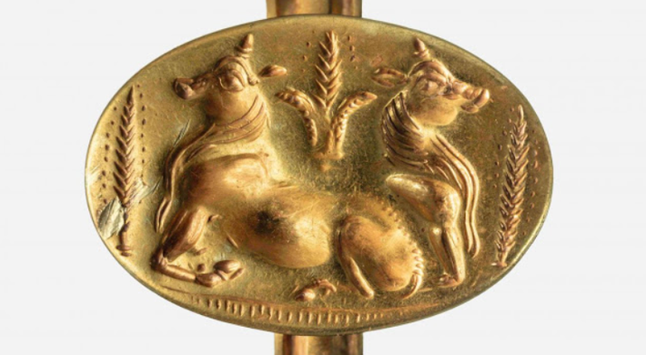 Trong số những phát hiện này có một chiếc nhẫn vàng khắc hình con bò đực được bao quanh bởi những bó lúa mạch, và một chiếc vòng cổ khắc hình nữ thần Hathor của Ai Cập. Ảnh: @Đại học Cincinnati.