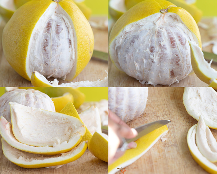 Một quả bưởi thông thường nặng từ 1 đến 2 kg, trong đó vỏ chiếm 30% đến 50% tổng trọng lượng. Trong công trình của mình, các nhà nghiên cứu đã tách vỏ khỏi quả, loại bỏ lớp ngoài cùng, sau đó xử lý lớp vỏ trắng xốp dày bên trong. Ảnh: @This Bago Girl.