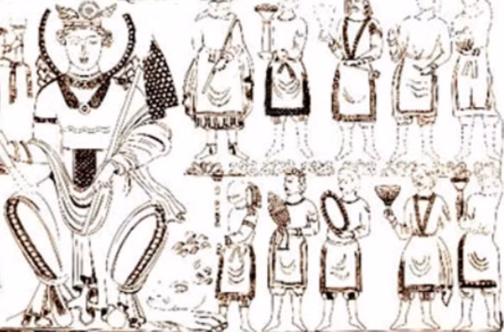 46 hình người đứng bao quanh nữ thần Inanna cũng được khắc họa rõ nét trong tư thế dâng bình hoa, nước thánh, gương, ngọn đuốc lên cho nữ thần. Ảnh: @Viện Hàn Lâm Khoa Học Uzbekistan.