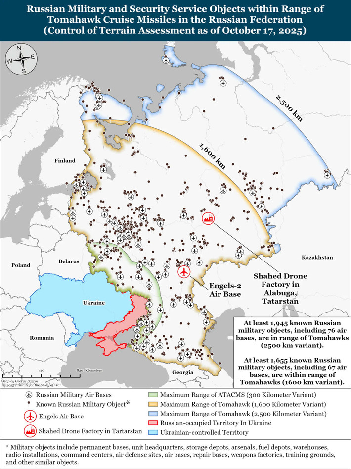 Bản đồ minh họa tầm bắn tên lửa hành trình tầm xa Ukraine
