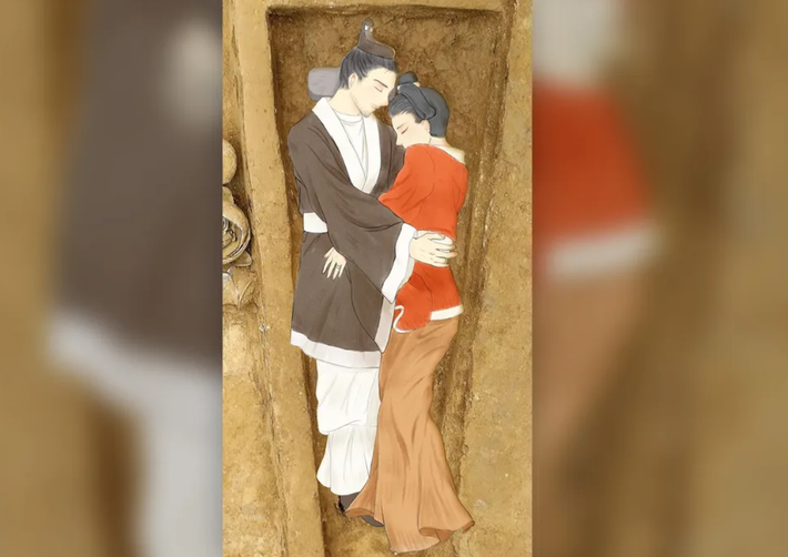 Hai bộ xương gần như hoàn chỉnh ôm chặt lấy nhau là một "khám phá đáng chú ý", vì nó hé lộ một góc nhìn hiếm hoi về quan điểm văn hóa tình yêu ở Trung Quốc trong thời Bắc Ngụy. Ảnh: @Viện Khảo cổ học tỉnh Thiểm Tây.