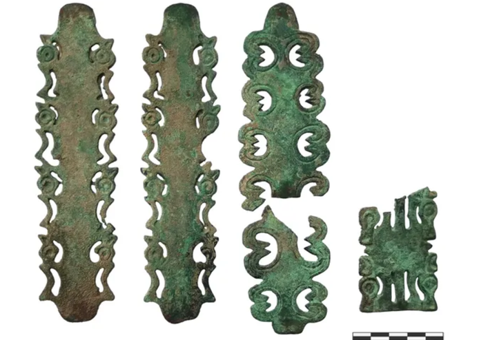 Mười hai tấm tròn phẳng có núm ở giữa và được trang trí bằng các họa tiết chấm tròn, chữ thập, chim và động vật kỳ ảo tạo thành một nhóm có biểu tượng độc đáo. Ảnh: @Viện Hàn lâm Khoa học Nga.