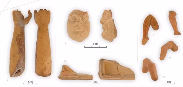 Cụ thể, nhóm chuyên gia tìm thấy đồ cúng bằng đất sét: Bao gồm mô hình các bộ phận cơ thể—ngón tay, bàn tay và chân—do những người mong muốn được chữa lành để lại. Các dụng cụ bằng kim loại được sử dụng để pha chế thuốc cũng được tìm thấy. Ảnh: @Bộ Văn hóa Hy Lạp.