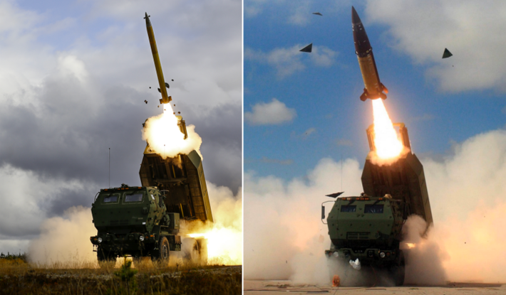 Phóng rocket (bên trái) và tên lửa đạn đạo từ hệ thống HIMARS.