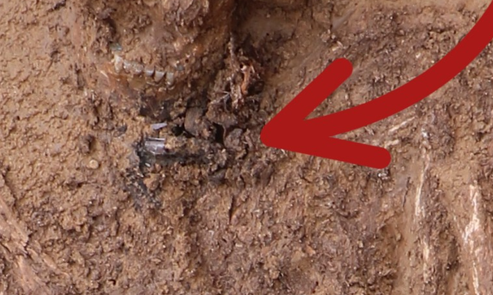 Tuy nhiên, điều kinh ngạc là dưới cổ ông ấy còn đeo một dải ruy băng gắn liền với một tấm lá kim loại bạc mỏng cuộn lại. Ảnh: @Bảo Tàng Thành Phố Frankfurt.