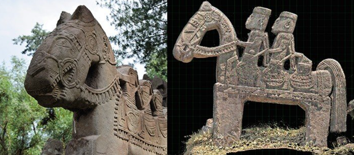 Lưng ngựa được phủ bằng những tấm thảm tua rua. Những người cưỡi ngựa dường như đang cưỡi những con ngựa mạnh mẽ, trông giống như những sinh vật thần thoại, tưởng tượng như chúng đến từ một thế giới chưa từng được biết đến. Ảnh: @Natalya Polosmak.