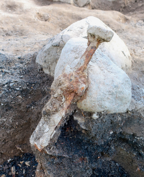 Trong kho báu này, các chuyên gia tìm thấy hai thanh kiếm chôn dựng đứng tượng trưng cho quyền lực hoặc sự bảo vệ. Ảnh: @Công Ty Tư Vấn Khảo Cổ Học Thụy Điển Arkeologerna.