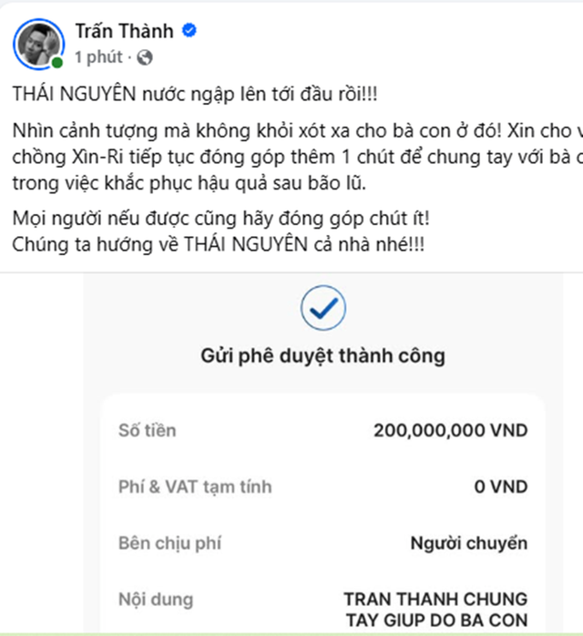 “Nhìn cảnh tượng mà không khỏi xót xa cho bà con ở đó! Xin cho vợ chồng Trấn Thành tiếp tục đóng góp thêm 1 chút để chung tay với bà con trong việc khắc phục hậu quả sau bão lũ”. Ảnh: FB Trấn Thành. tranthanh1.png