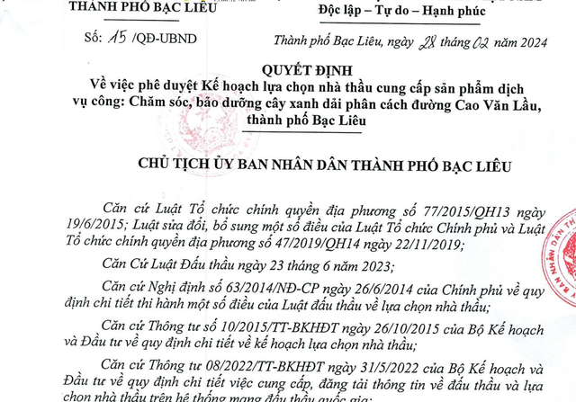 Nhà thầu nào sẽ trúng gói 'bảo dưỡng cây xanh' của Phòng Quản lý Đô thị TPBạc Liêu Nha thau nao se trung goi 'bao duong cay xanh' cua Phong Quan ly Do thi TPBac Lieu