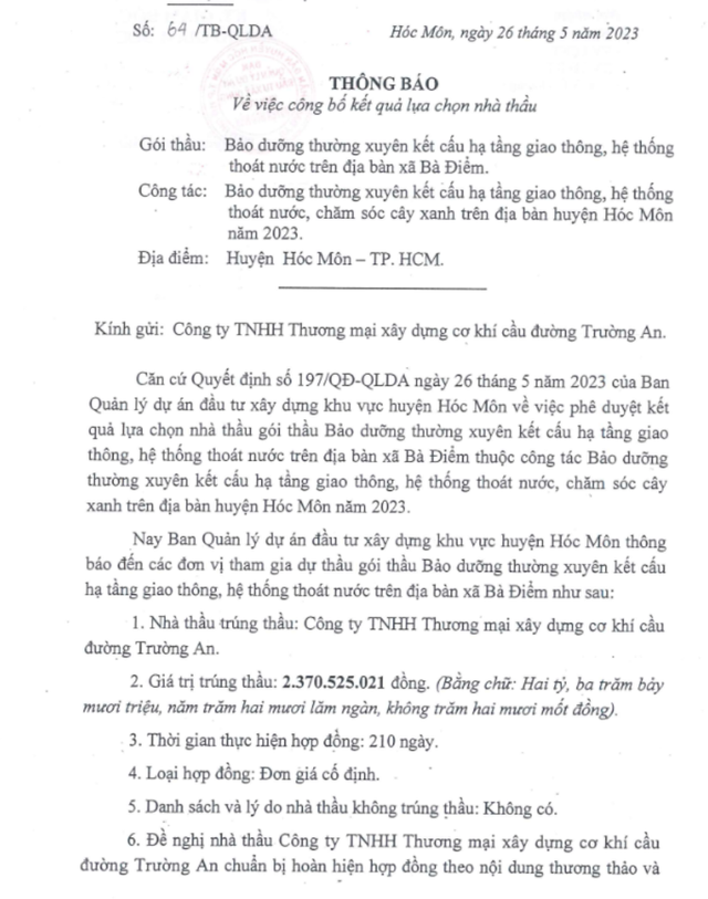 Công ty cầu đường Trường An không đối thủ gói thầu hàng tỷ ở Hóc Môn - Hình 2 Cong ty cau duong Truong An khong doi thu goi thau hang ty o Hoc Mon-Hinh-2