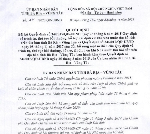 Bà Rịa - Vũng Tàu bỏ các qui định cũ về bồi thường, hỗ trợ, tái định cư Ba Ria - Vung Tau bo cac qui dinh cu ve boi thuong, ho tro, tai dinh cu