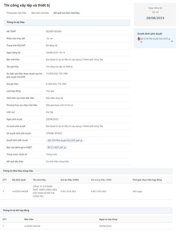 Kết quả gói thầu IB2300163564-00 Thi công xây lắp và thiết bị trên Hệ thống mạng đấu thầu quốc gia.