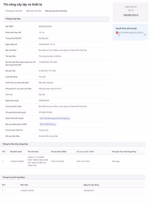 Kết quả gói thầu IB2300163564-00 Thi công xây lắp và thiết bị trên Hệ thống mạng đấu thầu quốc gia.