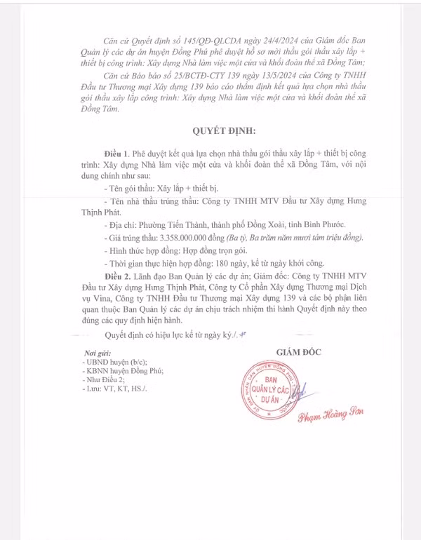 Goi thau xay dung nha lam viec xa Dong Tam ve tay Hung Thinh Phat