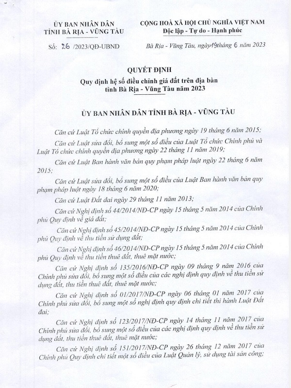 Bà Rịa - Vũng Tàu điều chỉnh giá và hệ số giá đất Ba Ria - Vung Tau dieu chinh gia va he so gia dat
