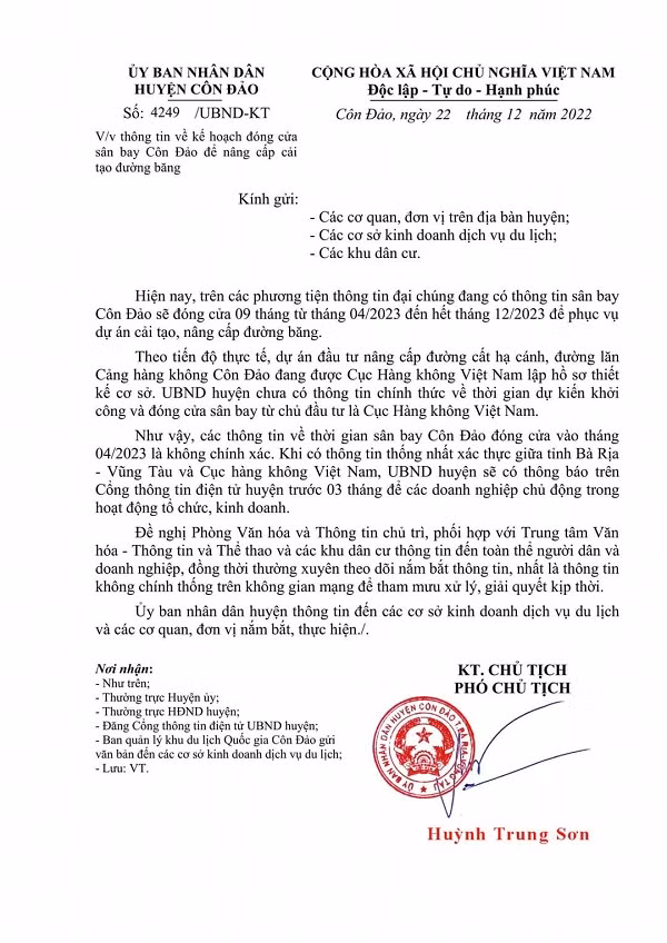 Thong tin san bay Con Dao dong cua tu thang 4/2023 la khong chinh xac