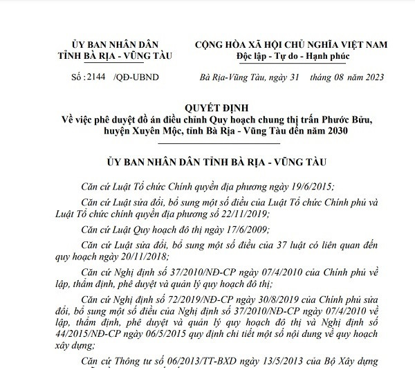 Bà Rịa – Vũng Tàu: Điều chỉnh quy hoạch chung thị trấn Phước Bửu, huyện Xuyên Mộc Ba Ria – Vung Tau: Dieu chinh quy hoach chung thi tran Phuoc Buu, huyen Xuyen Moc