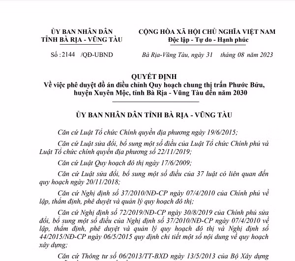 Ba Ria – Vung Tau: Dieu chinh quy hoach chung thi tran Phuoc Buu, huyen Xuyen Moc