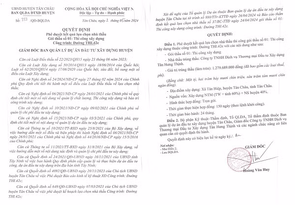 Tay Ninh: Doanh nghiep Tan Hung Thinh trung goi thau gan 1,3 ty dong