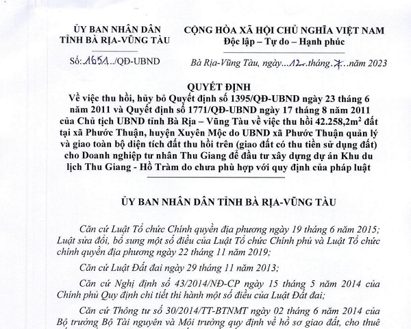 Bà Rịa - Vũng Tàu: Thu hồi việc giao đất dự án KDL Thu Giang - Hồ Tràm Ba Ria - Vung Tau: Thu hoi viec giao dat du an KDL Thu Giang - Ho Tram