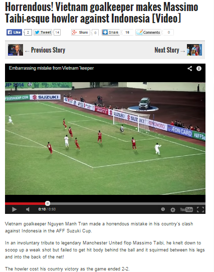 Video pha bắt bóng hụt của Nguyên Mạnh được trang 101 Great Goals đăng tải và so sánh với pha bắt bóng tương tự của thủ thành Massimo Taibi (Manchester United). Video pha bắt bóng hụt của Nguyên Mạnh được trang 101 Great Goals đăng tải và so sánh với pha bắt bóng tương tự của thủ thành Massimo Taibi (Manchester United).