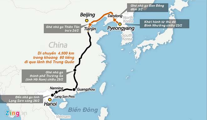Tại khu vực Chủ tịch Kim đi qua, Trung Quốc đã triển khai lực lượng thiết lập các hàng lang an ninh. Các khách sạn trong phạm vi này cũng phải đóng cửa. Khác với dự đoán, chuyến tàu của Chủ tịch Kim không dừng lại ở thủ đô Bắc Kinh. Hành trình từ Bình Nhưỡng tới Hà Nội dài 4.500 km.