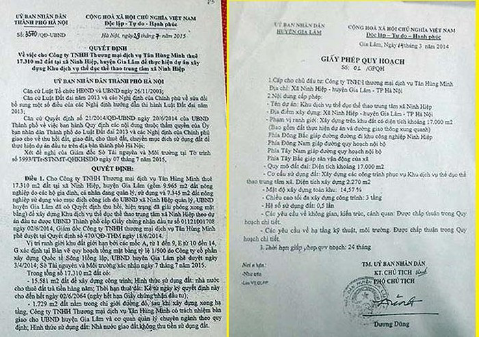 Trước đó, ngày 8/11/2013, UBND TP Hà Nội có Văn bản số 8395/UBND-KH&amp;ĐT, chấp thuận cho Công ty TNHH Tân Hùng Minh nghiên cứu, thực hiện Dự án đầu tư xây dựng Khu dịch vụ Thể dục, thể thao trung tâm xã Ninh Hiệp (huyện Gia Lâm). Văn bản này nêu rõ, mục tiêu đầu tư của dự án: Xây dựng Khu dịch vụ Thể dục, thể thao trung tâm xã Ninh Hiệp tạo nên một khu vui chơi thể thao giải trí đồng bộ, góp phần rèn luyện thể chất và nâng cao đời sống tinh thần của người dân