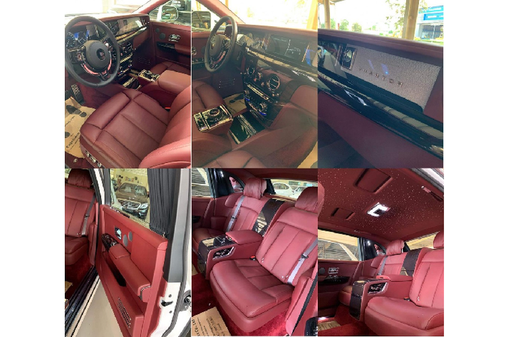 Toàn bộ nội thất của chiếc xe siêu sang Rolls-Royce Phantom thế hệ thứ 8 mới từ Lào du nhập vào Việt Nam. Xe có "nội y" màu đỏ đun cùng nhiều chi tiết ốp gỗ và cả bầu trời sao cá tính do 1.340 bóng đèn LED tạo thành.