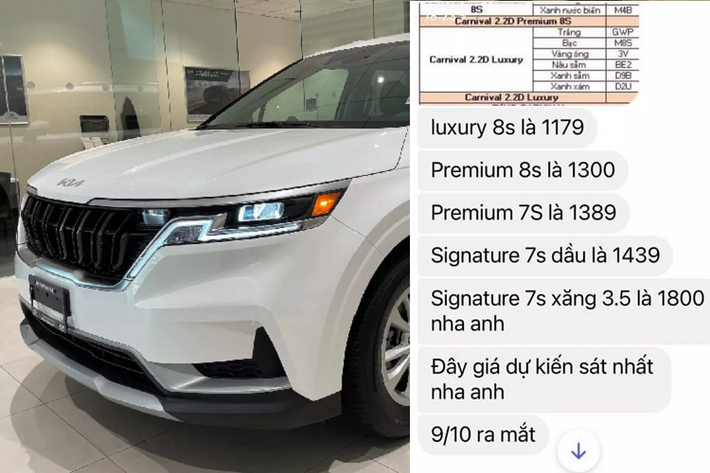 Kia Sedona 2022 tại Việt Nam sẽ được bán ra với nhiều phiên bản khác nhau, với cách đặt tên gọi quen thuộc của Thaco gồm: Luxury, Premium và Signature. Hai lựa chọn động cơ Xăng và Dầu và 2 cấu hình chỗ ngồi gồm 7 chỗ và 8 chỗ (7+1 ghế đa năng).