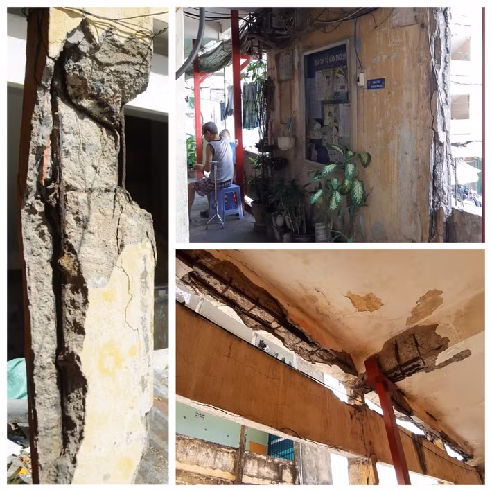 Hiện nay, 3 lô của chung cư đều xuống cấp gây nguy hiểm: tường cầu thang nứt toác, lộ cả cột sắt.