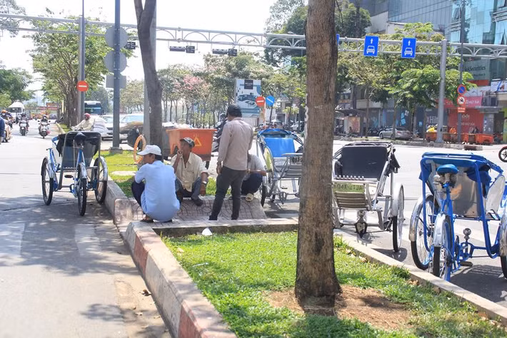 Nhóm bác tài xích lô ngồi nghỉ mát dưới bóng cây trên đường Hàm Nghi, quận 1