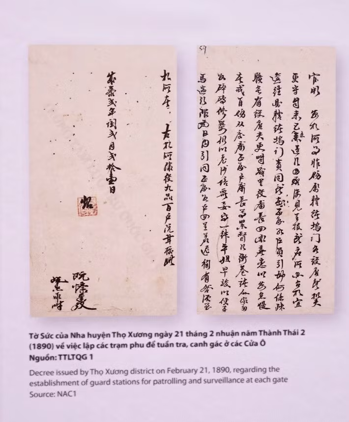Tờ Sức của Nha huyện Thọ Xương ngày 21 tháng 2 nhuận năm Thành Thái 2 (1890) về việc lập các trạm phu để tuần tra, canh gác ở các Cửa Ô. (nguồn: TTLTQG1)
