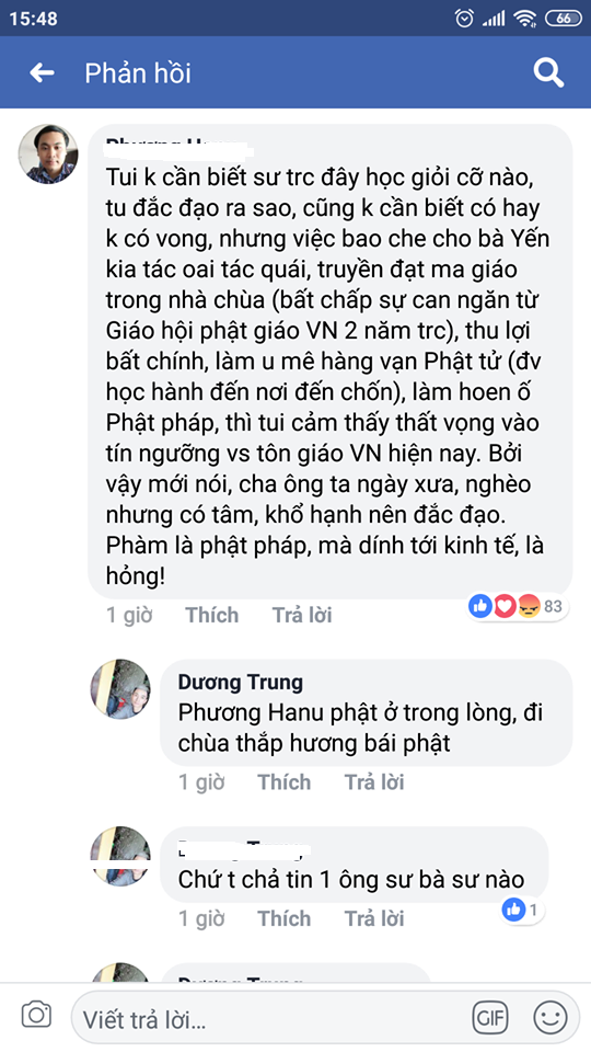 Độc giả Minh Toàn về bình luận: "Làm sao bà Phạm Thị Yến có thể nói như thể khẳng định, rõ rành rành về việc em D. kiếp trước đã mắc tội gì để kiếp này phải bị giết hại dã man như vậy? Làm sao bà Yến có đủ tư cách để phán xét, nhận định về nguyên nhân cái chết của một cô gái vô tội trong xã hội hiện tại theo một lập trường, tương tưởng mơ hồ như vậy? Bà nói về chuyện nhân quả, luân hồi của đạo Phật nhưng bà không có quyền khẳng định về cái gọi là 'tội lỗi' của em D.. Gia đình em D. còn chưa đủ đau đơn hay sao?".