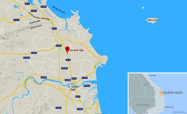 Dự án nâng cấp, mở rộng quốc lộ 1 đoạn qua chợ Bình Hiệp (mũi tên đỏ), huyện Bình Sơn (Quảng Ngãi), nơi có "hố tử thần" gây nguy hiểm cho người dân. Ảnh: Google Maps.