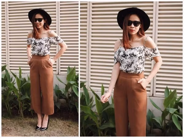 Lưu Hương Giang ghi điểm tuyệt đối với áo hai dây trễ vai và quần culottes. Ảnh: vietq.