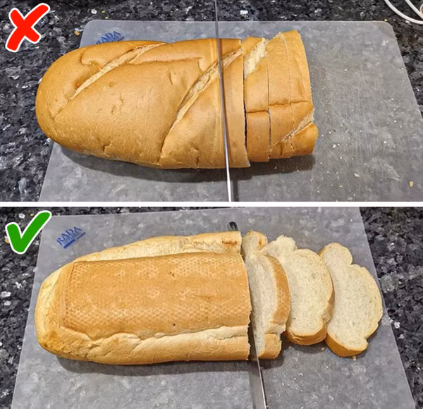 Cắt bánh mì. Vị trí đặt bánh mì ảnh hưởng rất lớn đến vết cắt. Thay vì để bánh nằm úp, bạn nên đặt ổ bánh ngược lại rồi dùng dao. Bằng cách này, những lát bánh mì sẽ không bị vỡ vụn.