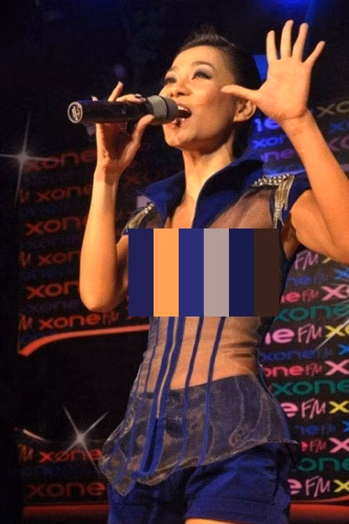 Thu Minh tiếp tục gây nhức mắt người nhìn khi diện sơ mi chất liệu xuyên thấu lộ nội y. Ảnh: giadinh.