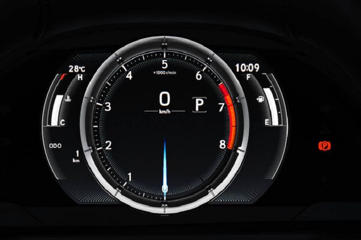 Giao diện đồng hồ công-tơ-mét thể thao đặc trưng của bản F Sport. Về truyền động, Lexus ES300h F Sport sử dụng chung 1 nền tảng động cơ như 2 phiên bản Luxury và Sport Luxury. Cụ thể, xe được trang bị khối động cơ xăng 4 xy-lanh 2.5L với chu trình Atkingson kết hợp với 1 mô-tơ điện để cho ra tổng công suất tối đa 215 mã lực. Hiện giá bán Lexus ES300h F Sport chưa được tiết lộ chính thức.