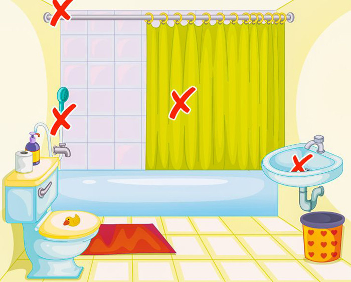 Không giặt rèm nhà tắm. Nhìn bằng mắt thường, rèm, đầu vòi hoa sen trong phòng tắm không quá bẩn song môi trường hơi nước lại khiến chúng chứa lượng lớn nấm mốc, tụ cầu. Để làm sạch, bạn có thể tận dụng baking soda để chà xát rồi xịt giấm loại bỏ nấm mốc.