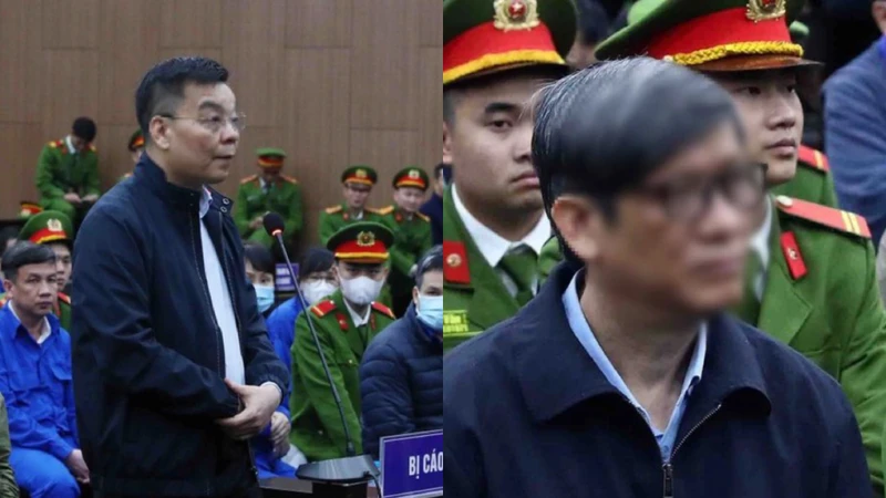 Hình ảnh 2 cựu Bộ trưởng Nguyễn Thanh Long và Chu Ngọc Anh trước tòa 