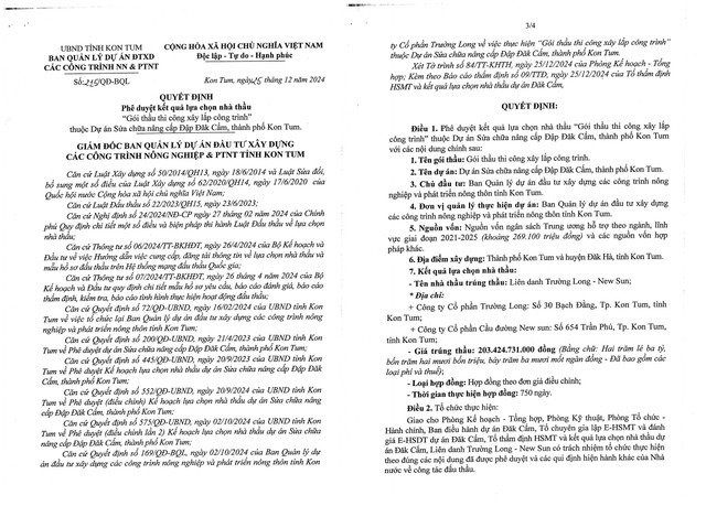 Một phần Quyết định 215/QĐ-BQL phê duyệt KQLCNT gói thầu xây lắp thuộc dự án sửa chữa nâng cấp đập Đăk Cấm. Nguồn MSC. qd-215-bql.jpg
