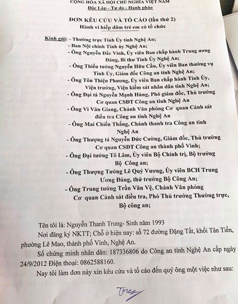 Sau khi nhận đơn tố cáo, Công an TP Vinh tiến hành đưa cháu Th. giám định pháp y, cho kết quả, không bị rách màng trinh, bộ phận sinh dục không bị ảnh hưởng.