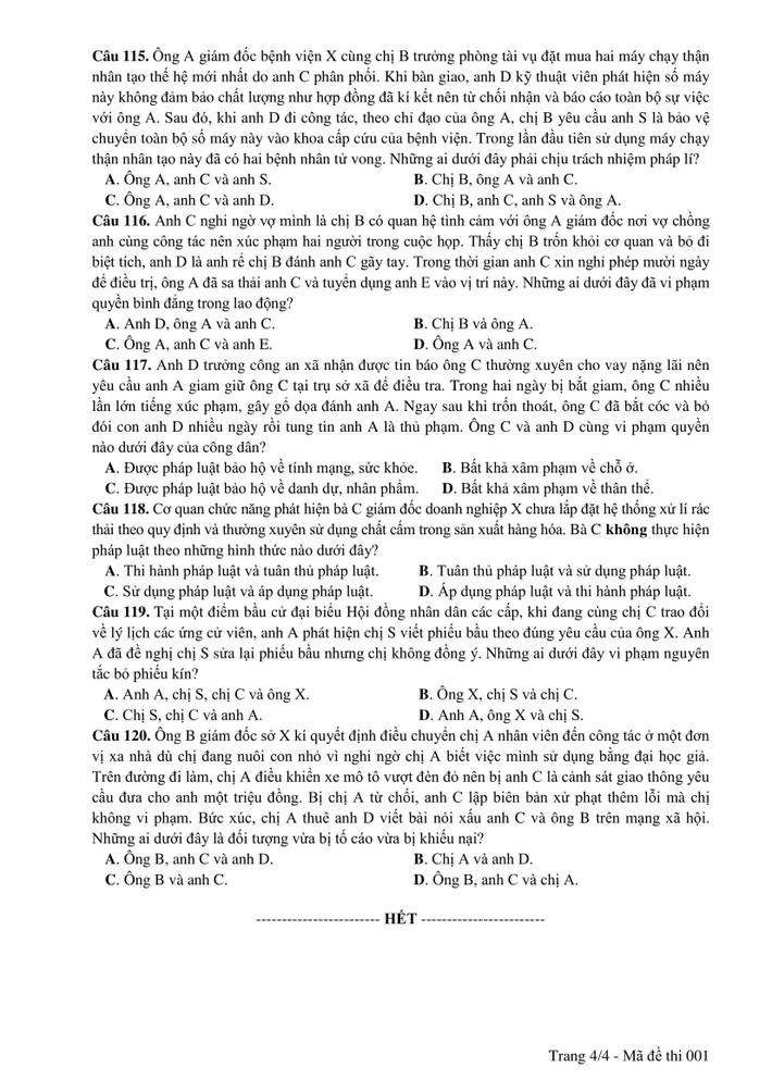 Đề thi môn GDCD kỳ thi THPT 2019 - mã đề 001- trang 4.