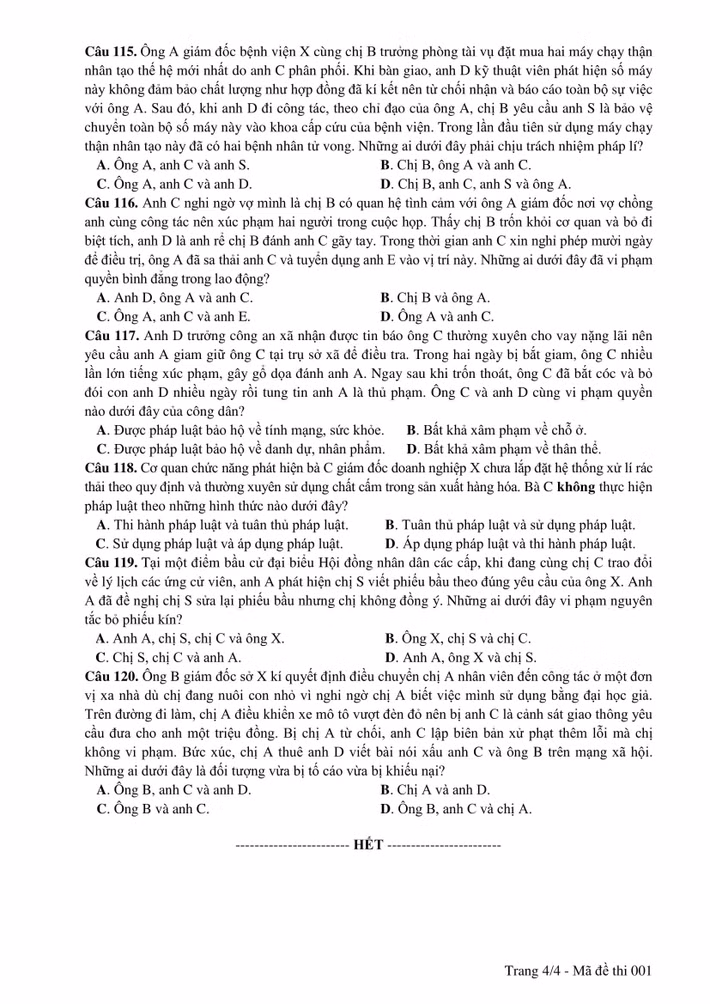 Đề thi môn GDCD kỳ thi THPT 2019 - mã đề 001- trang 4.