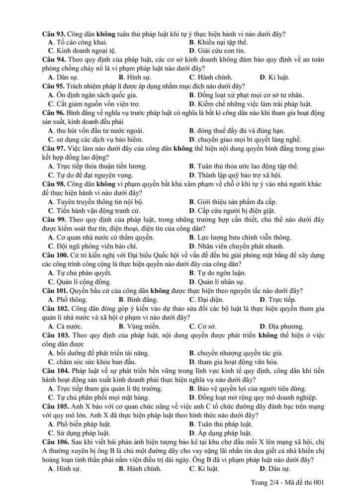 Đề thi môn GDCD kỳ thi THPT 2019 - mã đề 001- trang 2.