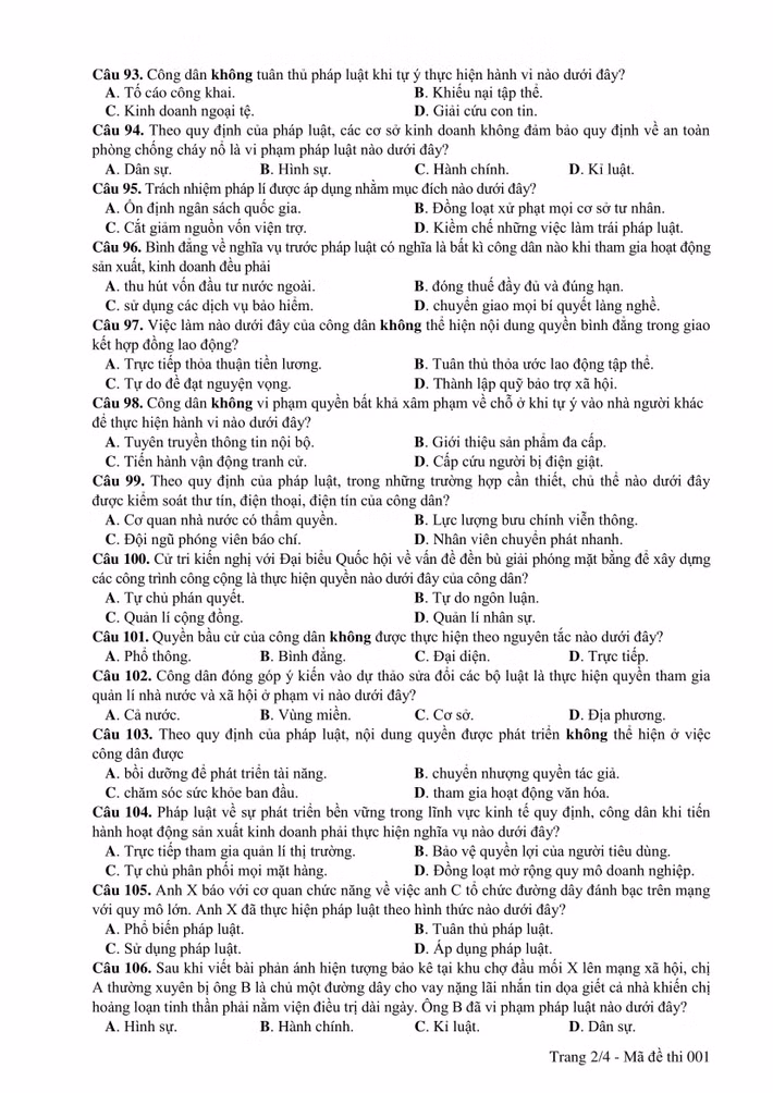 Đề thi môn GDCD kỳ thi THPT 2019 - mã đề 001- trang 2.