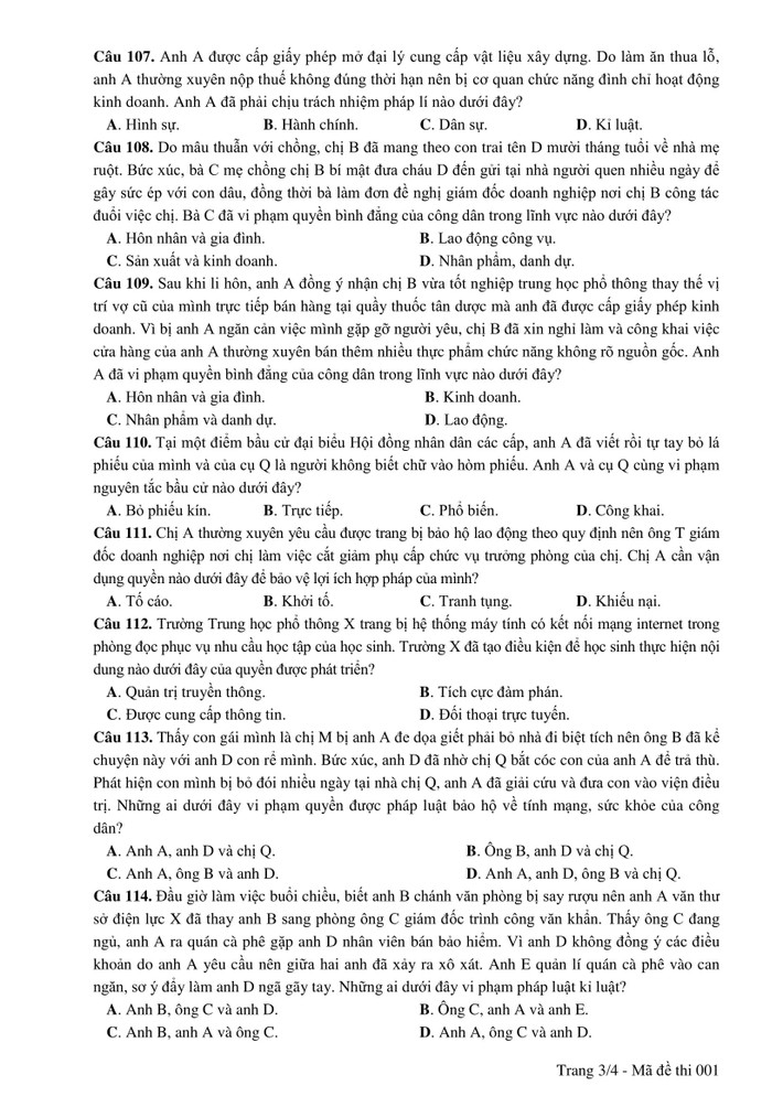 Đề thi môn GDCD kỳ thi THPT 2019 - mã đề 001- trang 3.