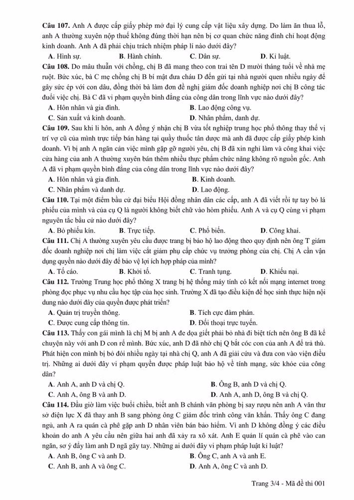 Đề thi môn GDCD kỳ thi THPT 2019 - mã đề 001- trang 3.