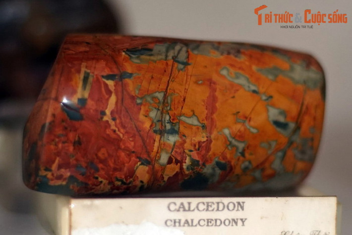 Mẫu chalcedony có màu đỏ cam bắt mắt, thu thập ở núi Châu Thới, Bình Dương. Canxedon là một dạng ẩn tinh của silica, gồm rất nhiều hạt thạch anh và moganit rất nhỏ mọc xen kẽ, có giá trị như đá quý.